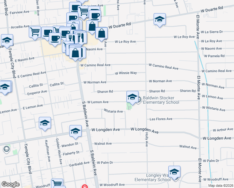 map of restaurants, bars, coffee shops, grocery stores, and more near 508 Sharon Road in Arcadia