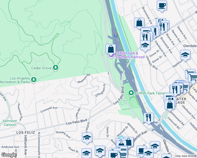 map of restaurants, bars, coffee shops, grocery stores, and more near 3659 Shannon Road in Los Angeles