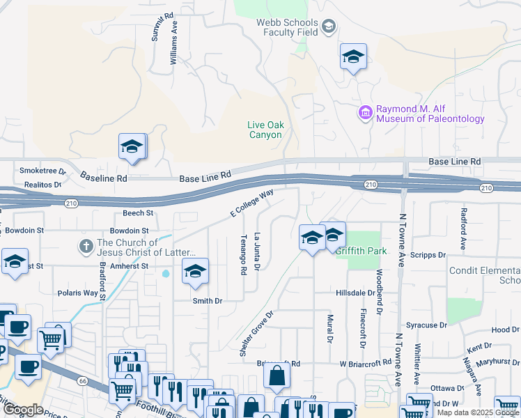 map of restaurants, bars, coffee shops, grocery stores, and more near 4215 La Junta Drive in Claremont