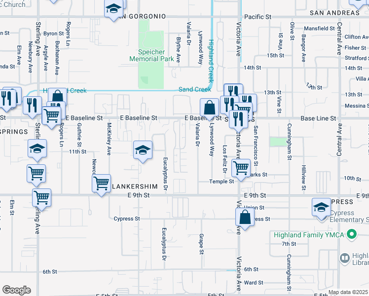 map of restaurants, bars, coffee shops, grocery stores, and more near 26297 East Baseline Street in Highland