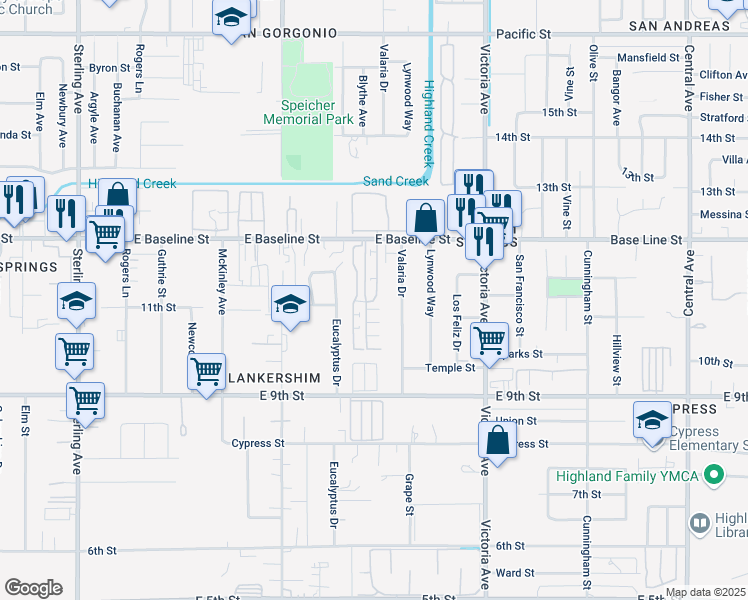 map of restaurants, bars, coffee shops, grocery stores, and more near 26297 East Baseline Street in Highland