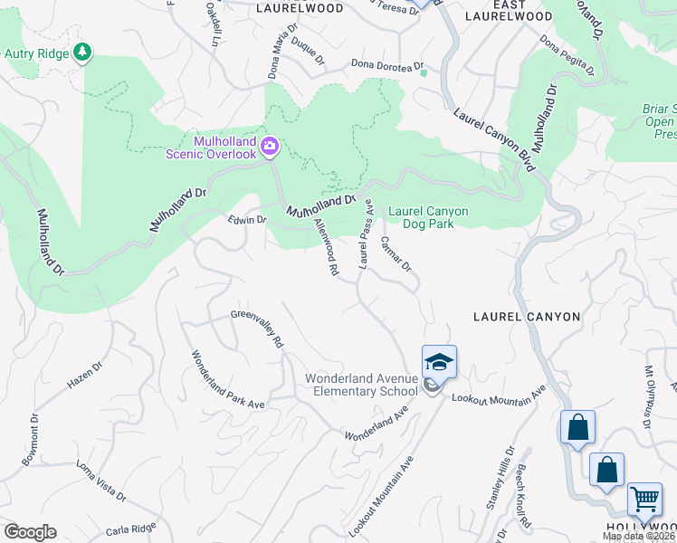 map of restaurants, bars, coffee shops, grocery stores, and more near 8631 Allenwood Road in Los Angeles
