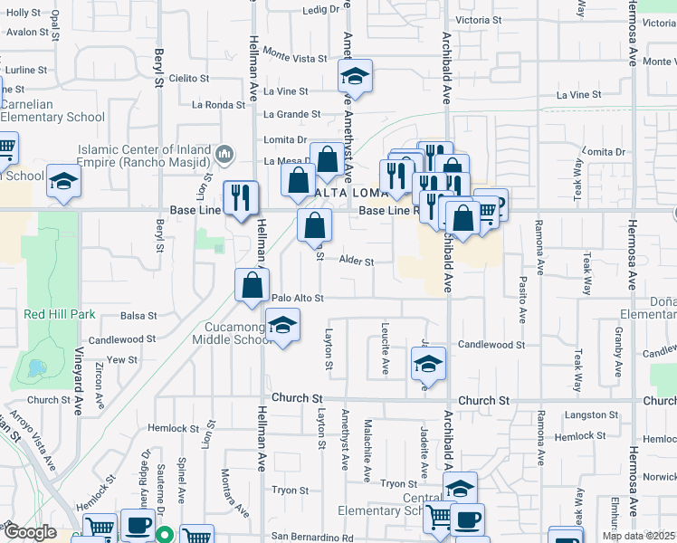 map of restaurants, bars, coffee shops, grocery stores, and more near 9464 Magnolia Street in Rancho Cucamonga