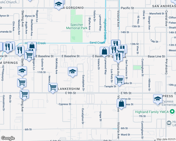 map of restaurants, bars, coffee shops, grocery stores, and more near 26245 East Baseline Street in Highland