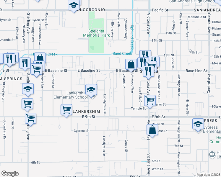 map of restaurants, bars, coffee shops, grocery stores, and more near 7415 Eucalyptus Drive in Highland