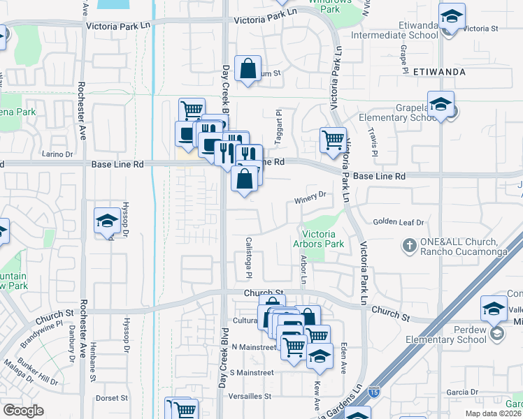 map of restaurants, bars, coffee shops, grocery stores, and more near 7412 Estancia Court in Rancho Cucamonga