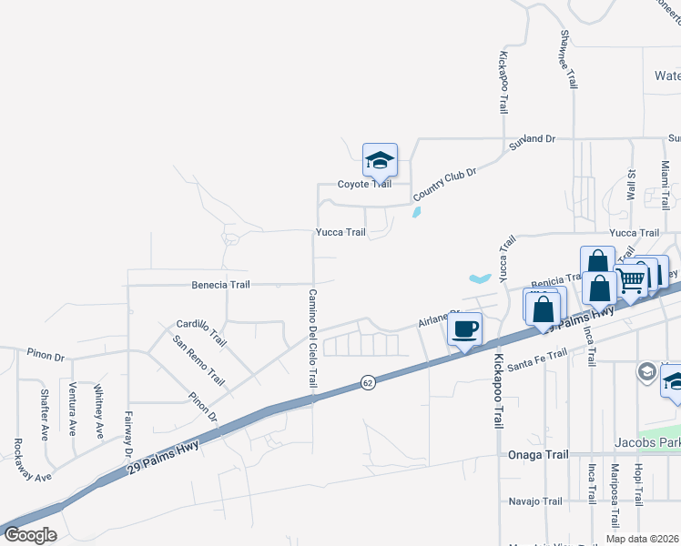 map of restaurants, bars, coffee shops, grocery stores, and more near 54940 Benecia Trail in Yucca Valley