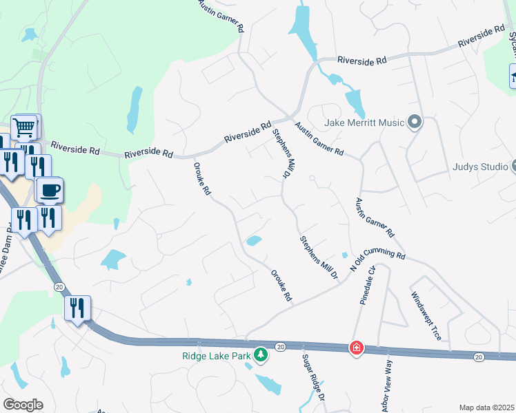 map of restaurants, bars, coffee shops, grocery stores, and more near 915 Millrace Way in Buford