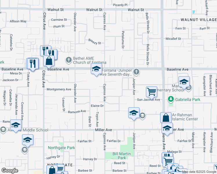 map of restaurants, bars, coffee shops, grocery stores, and more near 16512 Montgomery Ct in Fontana