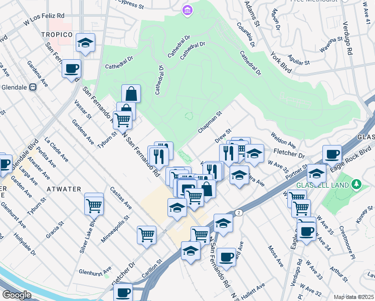 map of restaurants, bars, coffee shops, grocery stores, and more near 3232 West Avenue 32 in Los Angeles