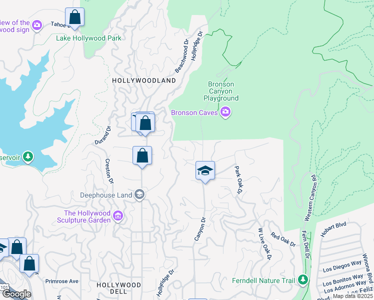 map of restaurants, bars, coffee shops, grocery stores, and more near 2838 Lambert Drive in Los Angeles
