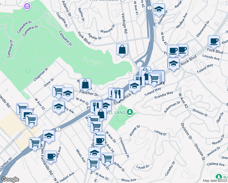 map of restaurants, bars, coffee shops, grocery stores, and more near 3716 Fletcher Drive in Los Angeles