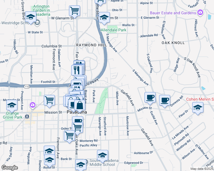 map of restaurants, bars, coffee shops, grocery stores, and more near 1810 Grevelia Street in South Pasadena