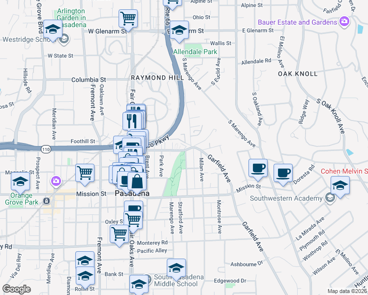 map of restaurants, bars, coffee shops, grocery stores, and more near 1812 Grevelia Street in South Pasadena