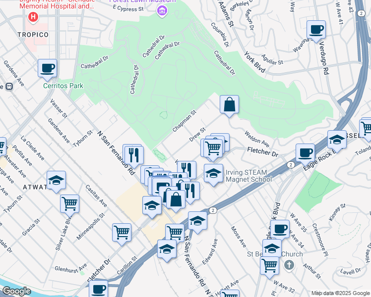 map of restaurants, bars, coffee shops, grocery stores, and more near 3234 Drew Street in Los Angeles