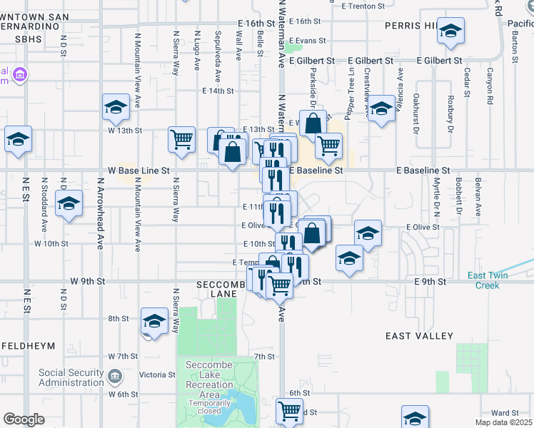 map of restaurants, bars, coffee shops, grocery stores, and more near 267 East 11th Street in San Bernardino