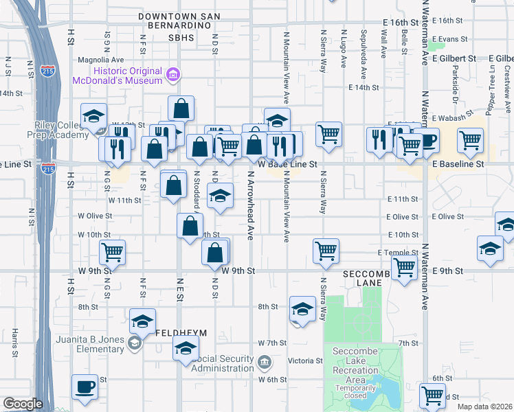 map of restaurants, bars, coffee shops, grocery stores, and more near 1085 North Arrowhead Avenue in San Bernardino