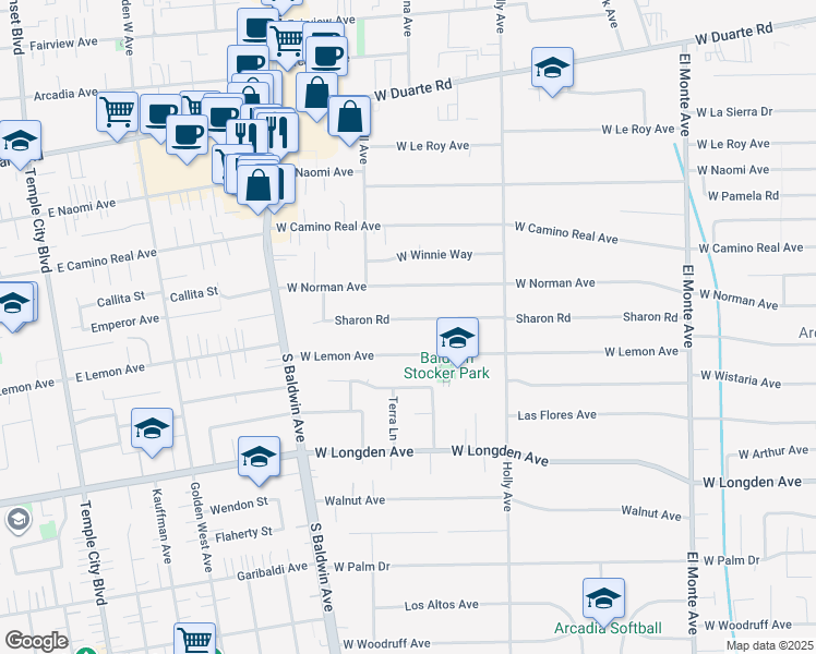 map of restaurants, bars, coffee shops, grocery stores, and more near 504 Sharon Road in Arcadia
