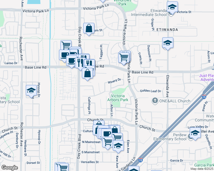 map of restaurants, bars, coffee shops, grocery stores, and more near 7401 Saintsbury Place in Rancho Cucamonga