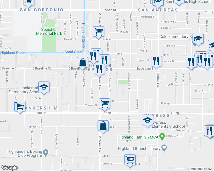 map of restaurants, bars, coffee shops, grocery stores, and more near 7410 San Francisco Street in Highland