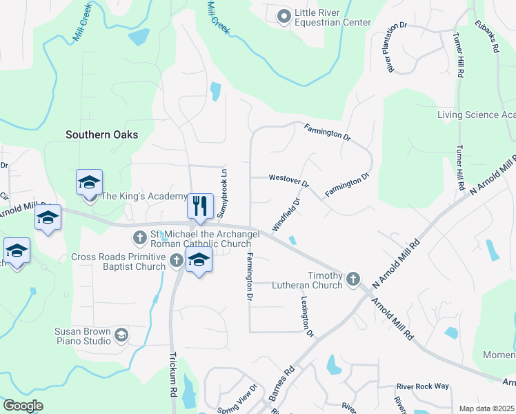 map of restaurants, bars, coffee shops, grocery stores, and more near 105 Farmington Drive in Woodstock