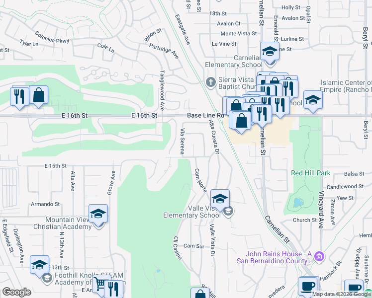map of restaurants, bars, coffee shops, grocery stores, and more near 7431 Vía Serena in Rancho Cucamonga