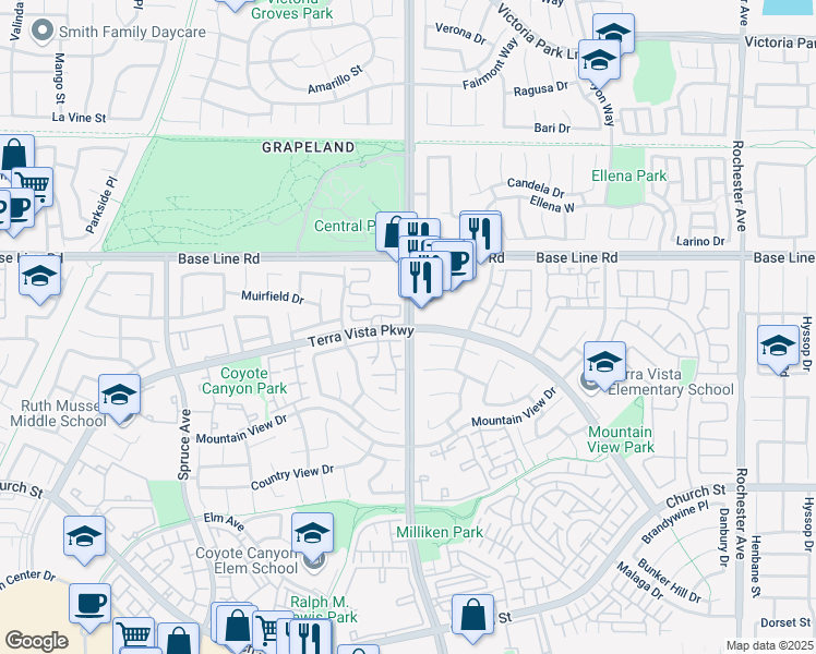 map of restaurants, bars, coffee shops, grocery stores, and more near Milliken Avenue & Terra Vista Parkway in Rancho Cucamonga