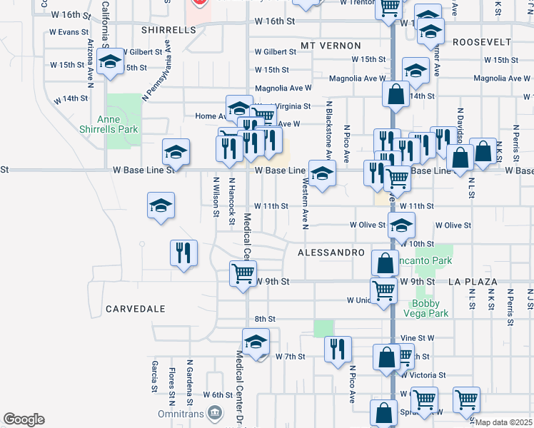 map of restaurants, bars, coffee shops, grocery stores, and more near 1089 Tiajuana Street in San Bernardino