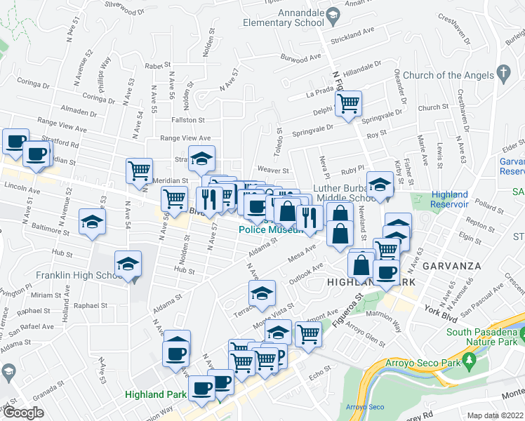 map of restaurants, bars, coffee shops, grocery stores, and more near 5830 Fayette Street in Los Angeles