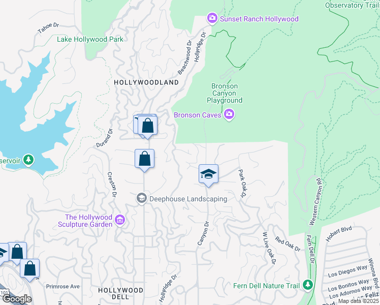 map of restaurants, bars, coffee shops, grocery stores, and more near 2838 Lambert Drive in Los Angeles