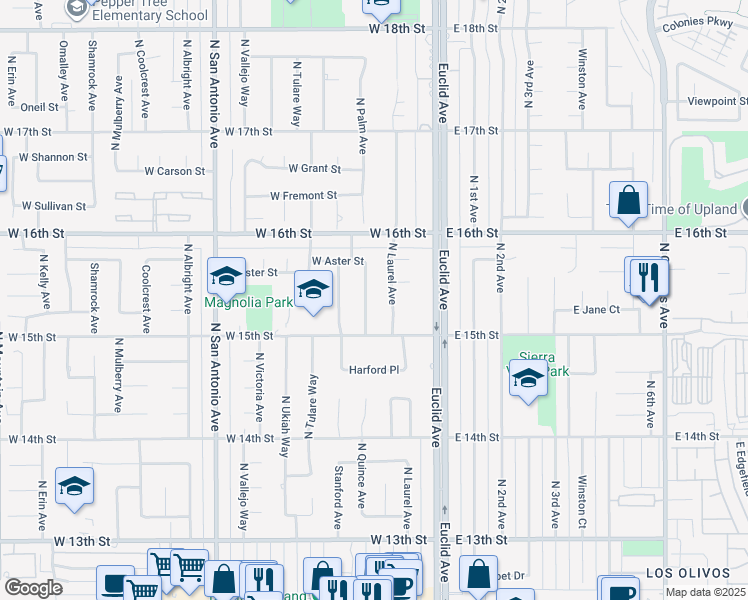map of restaurants, bars, coffee shops, grocery stores, and more near 1528 North Columbine Way in Upland