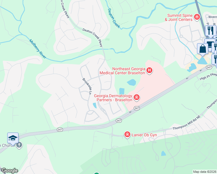 map of restaurants, bars, coffee shops, grocery stores, and more near 5933 Creekside Lane in Hoschton