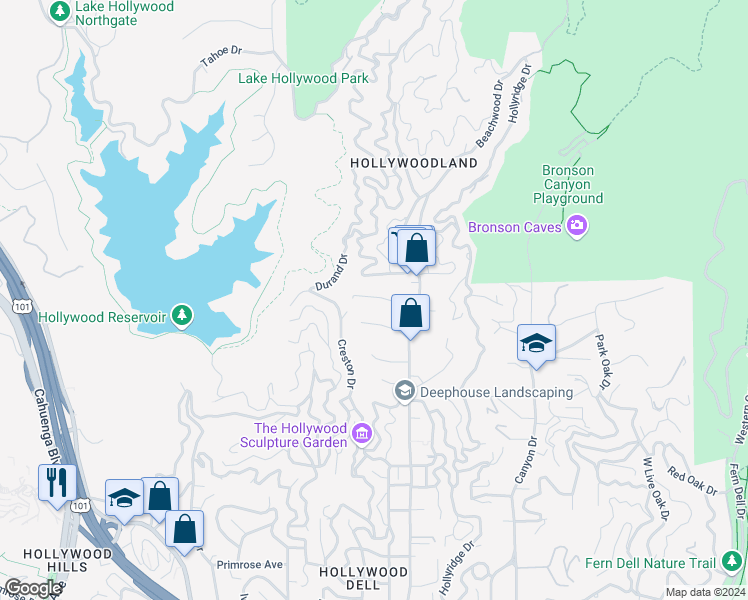 map of restaurants, bars, coffee shops, grocery stores, and more near 6158 Glen Oak Street in Los Angeles