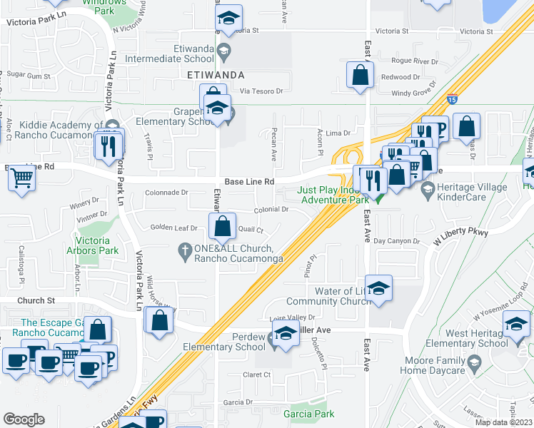 map of restaurants, bars, coffee shops, grocery stores, and more near 13037 Colonial Drive in Rancho Cucamonga