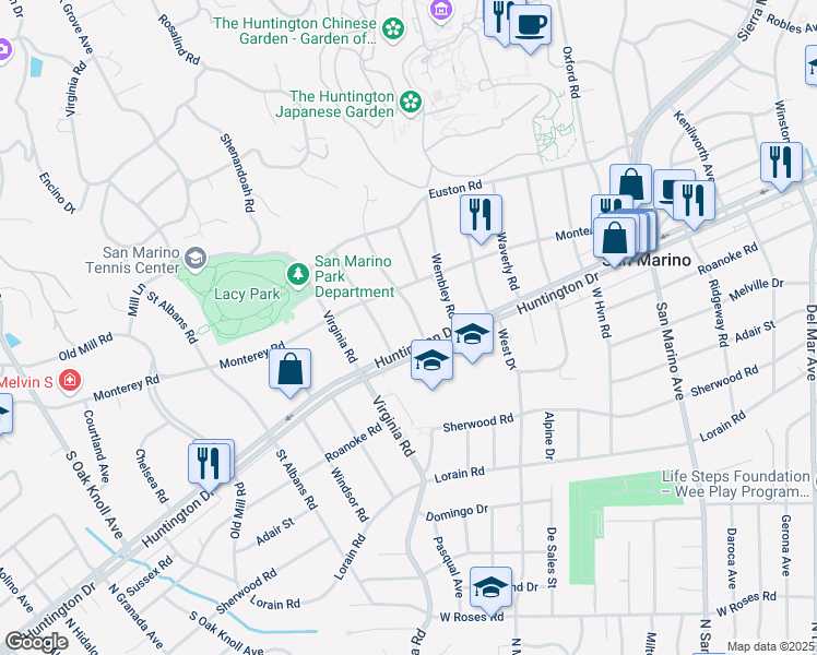 map of restaurants, bars, coffee shops, grocery stores, and more near 1585 Kensington Road in San Marino