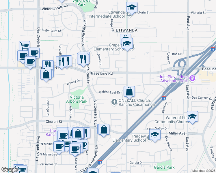 map of restaurants, bars, coffee shops, grocery stores, and more near 12773 Mosaic Drive in Rancho Cucamonga
