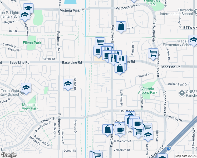 map of restaurants, bars, coffee shops, grocery stores, and more near 7437 Solstice Place in Rancho Cucamonga