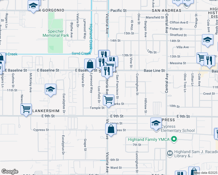 map of restaurants, bars, coffee shops, grocery stores, and more near 26511 Fresno Street in Highland