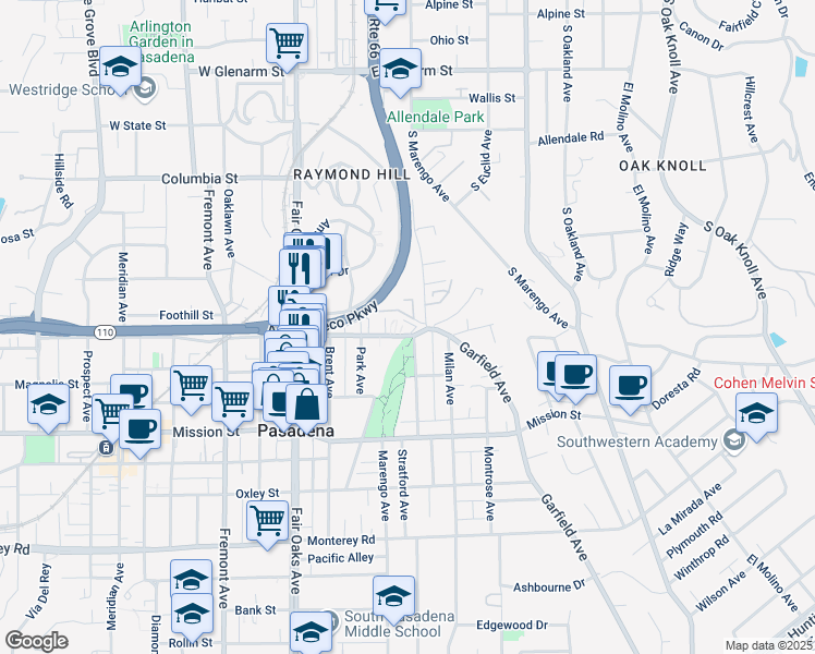 map of restaurants, bars, coffee shops, grocery stores, and more near 1768 Grevelia Street in South Pasadena