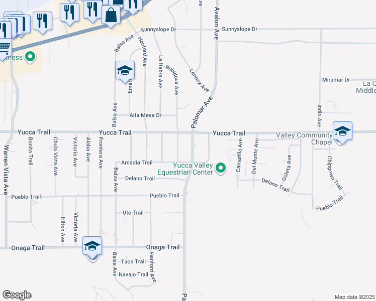 map of restaurants, bars, coffee shops, grocery stores, and more near 7364 Palomar Avenue in Yucca Valley