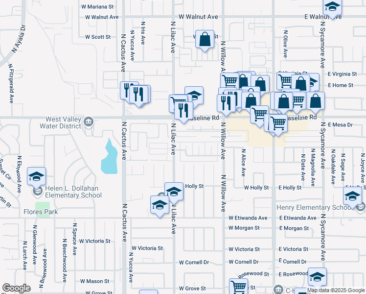 map of restaurants, bars, coffee shops, grocery stores, and more near 1080 North Verde Avenue in Rialto