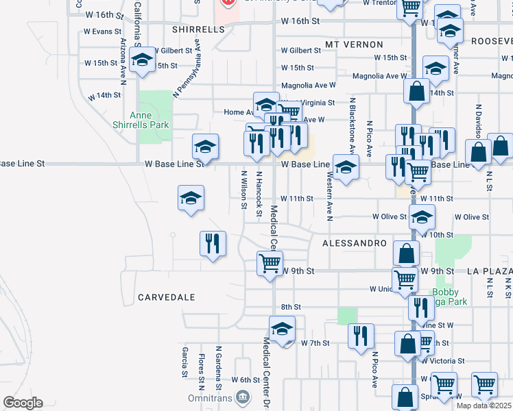 map of restaurants, bars, coffee shops, grocery stores, and more near 1677 West 11th Street in San Bernardino
