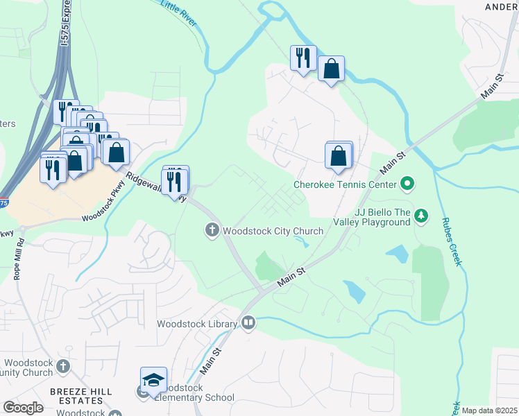 map of restaurants, bars, coffee shops, grocery stores, and more near 100 Altamaha Trail in Woodstock