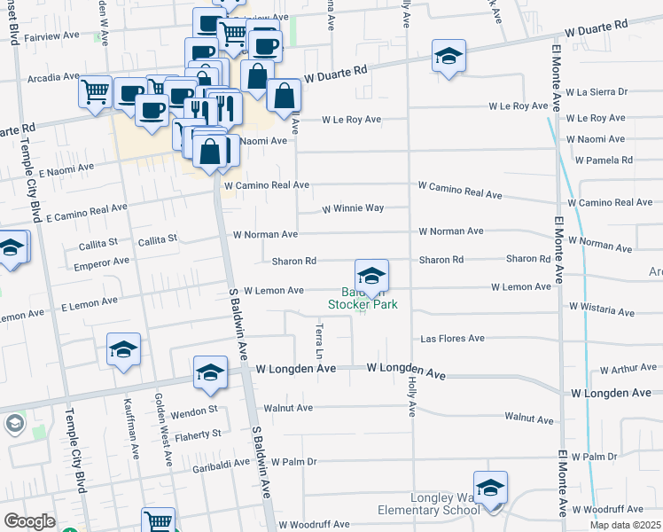 map of restaurants, bars, coffee shops, grocery stores, and more near 516 Sharon Road in Arcadia