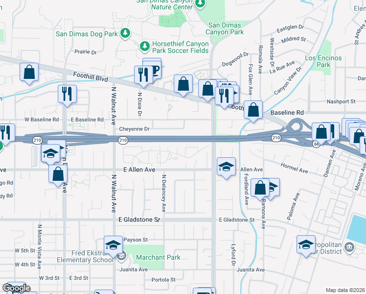 map of restaurants, bars, coffee shops, grocery stores, and more near 953 Alleghany Circle in San Dimas