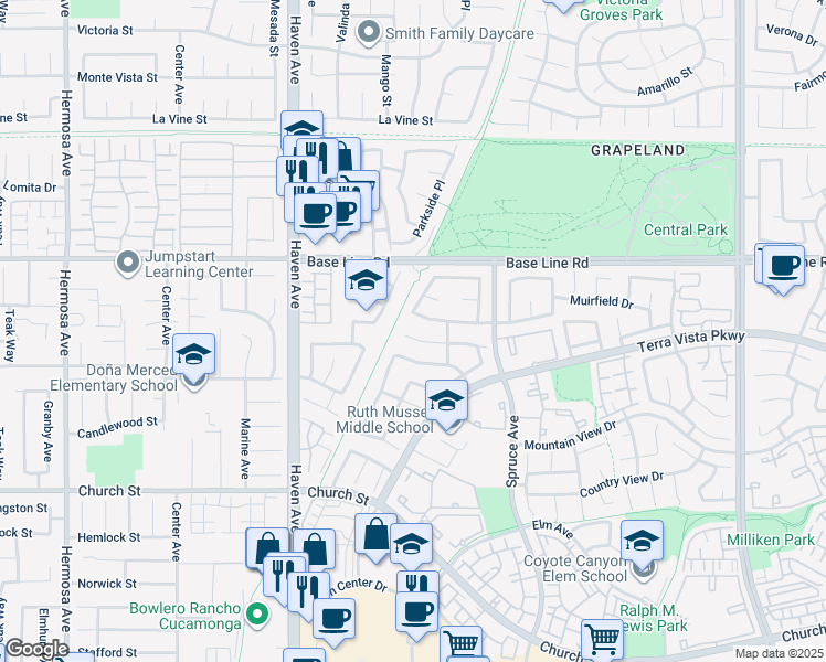 map of restaurants, bars, coffee shops, grocery stores, and more near 10736 Sundance Drive in Rancho Cucamonga