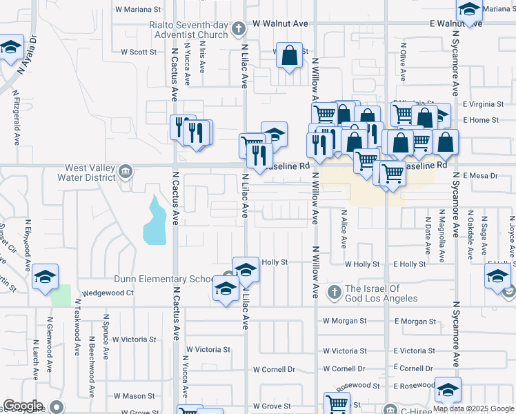 map of restaurants, bars, coffee shops, grocery stores, and more near 1080 North Verde Avenue in Rialto