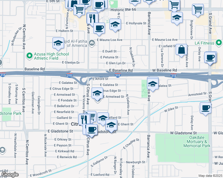map of restaurants, bars, coffee shops, grocery stores, and more near 1014 East Citrus Edge Street in Azusa