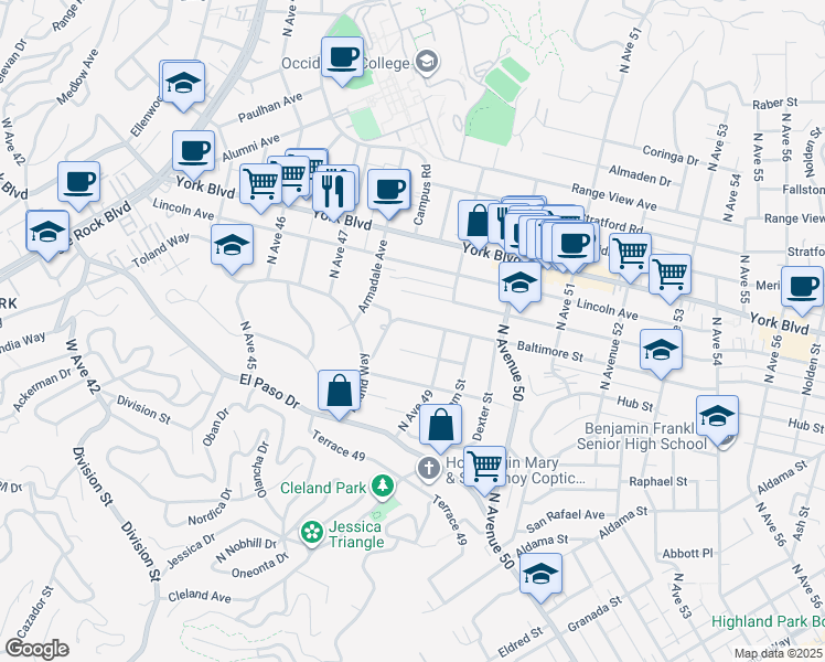 map of restaurants, bars, coffee shops, grocery stores, and more near 4816 Baltimore Street in Los Angeles