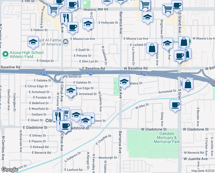 map of restaurants, bars, coffee shops, grocery stores, and more near 18835 East Citrus Edge Street in Azusa